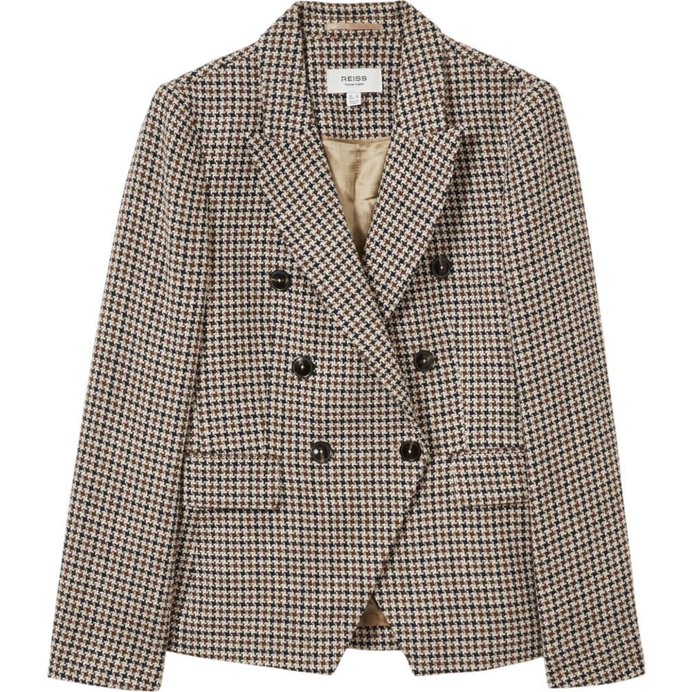 REISS EVIE Cotton Linen Double Breasted Houndstooth Check Blazer